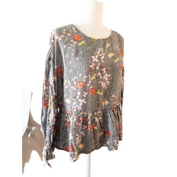 Pleione Floral Striped Long-Sleeve Peplum Blouse With Keyhole Back Detail SZ M - Picture 3 of 11